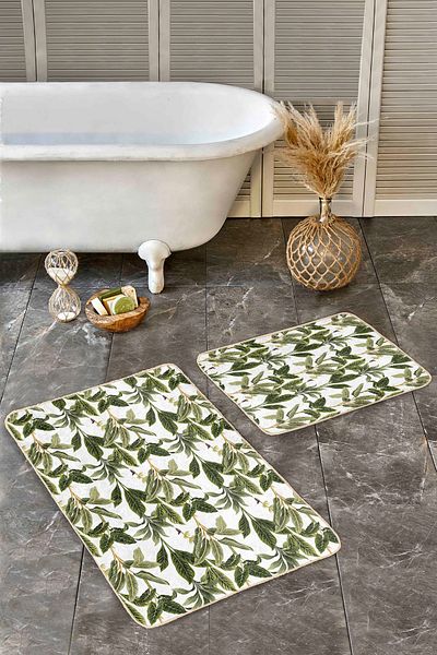 Realhomes Green Leaf Patterned White Floor 2-Piece Non-Slip Base Washable Bath Mat Set