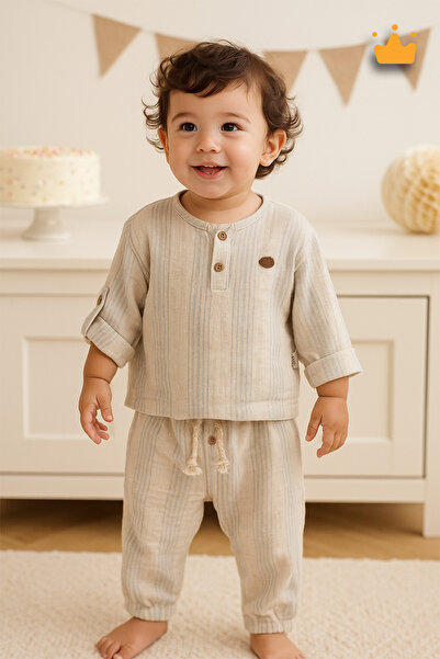 Babyhola 0-2 Years 100% Cotton Double Layer Muslin Fabric Striped Baby Boy Kids Suit Blue 2205