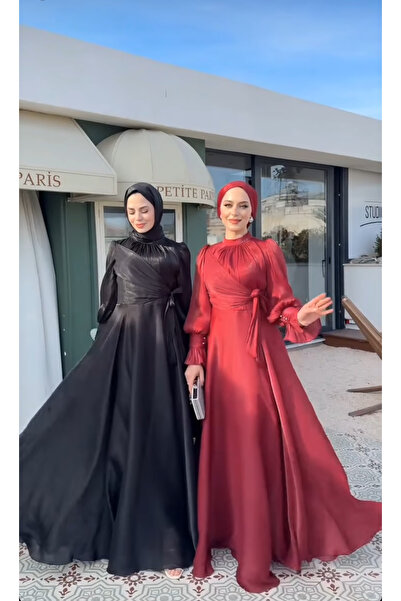 welting Şifon Baglamalı Kadın Tesettür Abiye Elbise Siyah