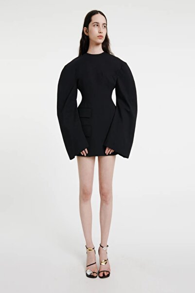 A.W.A.K.E. MODE Yuvarlak Kollu Mini Elbise, Pensli Bel ve Astarlı Yün Karışımı