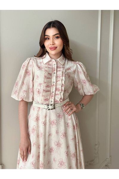My twins Ewas Design Midi Length Collar Stone Belted Women's Dress