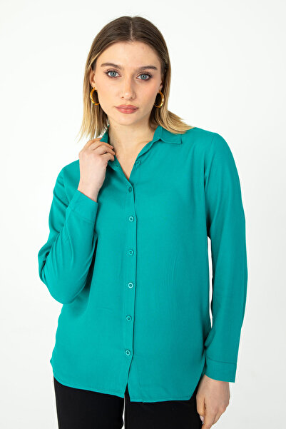 Nuevo Kadın Viskon Uzun Kollu Basic Gömlek Turkuaz Yeşil 1500070 -