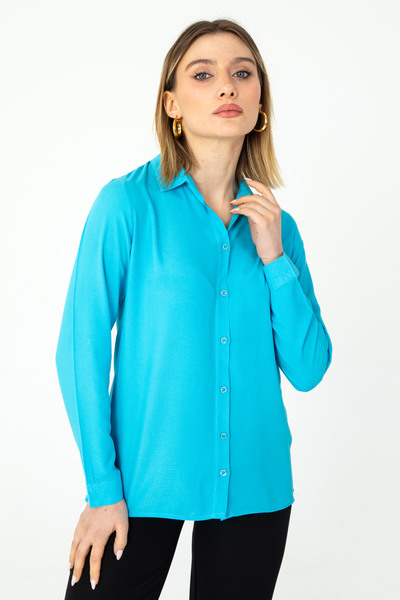 Nuevo Kadın Viskon Uzun Kollu Basic Gömlek Turkuaz 1500070 -