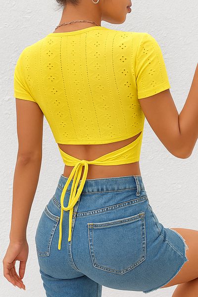 Wild Flower Lemon Yellow Waist Tie Short Sleeve Crop Blouse