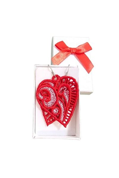 ARIALE - Embroidered Heart Earrings, heart, red