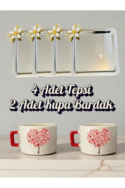 lili hediyelik 4-Piece Daisy Square Tray Coffee Presentation Tray 21X21 cm 2-Piece Heart Mug Cup