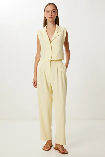 Lovelyİstanbul Set pantaloni vestă de in LRV0117 GALBEN