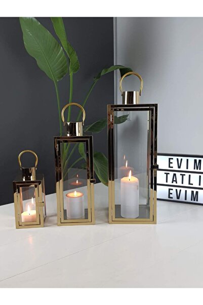 EVİMTATLIEVİM Aura Gold Paslanmaz Çelik Üçlü Mumluk Fener Seti