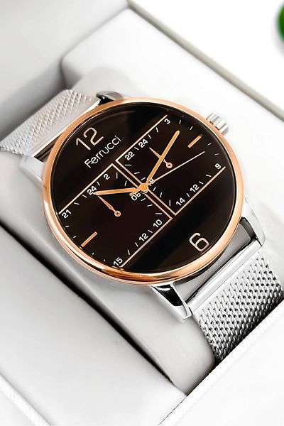 Ferrucci Function Men's Wristwatch Steel Band Silver-Rose Bracelet Gift 3Atm Sdfer173