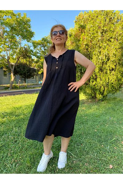 sielta 100% Cotton Black Women's Midi Length Muslin Dress