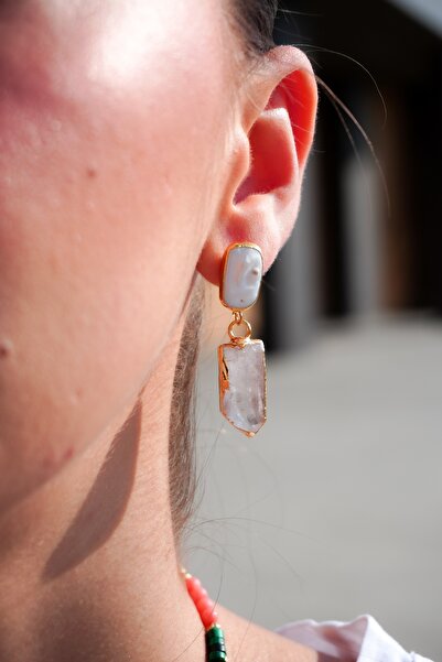 Rumon İnci ve Kuvars Doğal Taş Altın Kaplama Pirinç El Yapımı Küpe