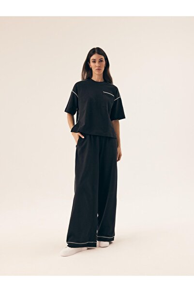 ESOTIQ Set de lenjerie de casă pentru femei, tricou și pantaloni largi cu buz...