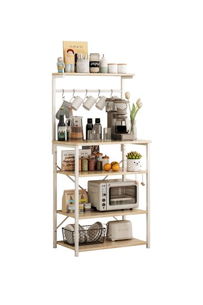 Sheinhome Kitchen Storage Rack,Coffee Corner Table with 4 Tiers,Kitchen Microwave Stand with 5 S-shaped Hooks