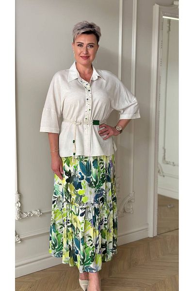 My twins Ewas Design Midi Length Skirt Linen Blouse Women's Plus Size Two Piece Set