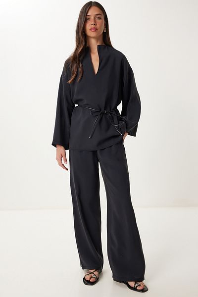 Lovelyİstanbul Modal Blouse Pants Set with Tie Detail Lno0003 Black