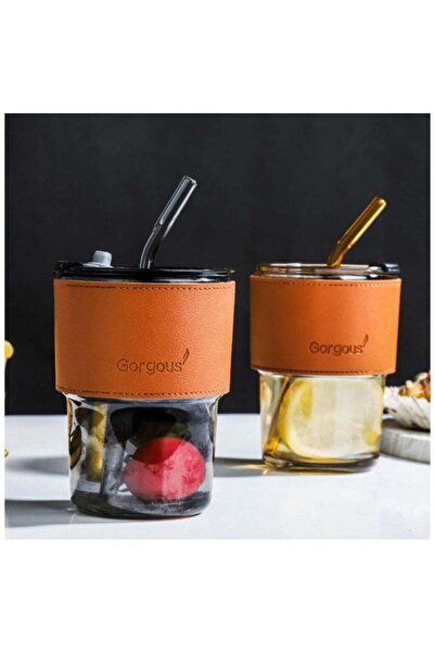 Gorgons كوب زجاجي مقاوم للحرارة مكون من قطعتين مع غطاء جلدي مناسب للشاي والما...