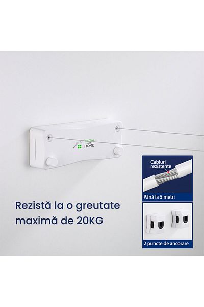 GlowforHome Uscator rufe retractabil cu sfoara dubla 5m, GlowforHome, perete, otel inoxidabil, alb