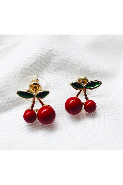 Butik Kiraz Figürlü Minik Şirin Küpe - Altın Renk Detaylı