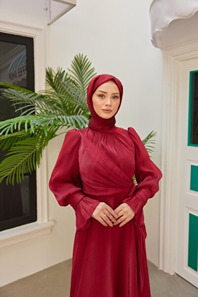 welting Şifon Baglamalı Kadın Tesettür Abiye Elbise Kırmızı
