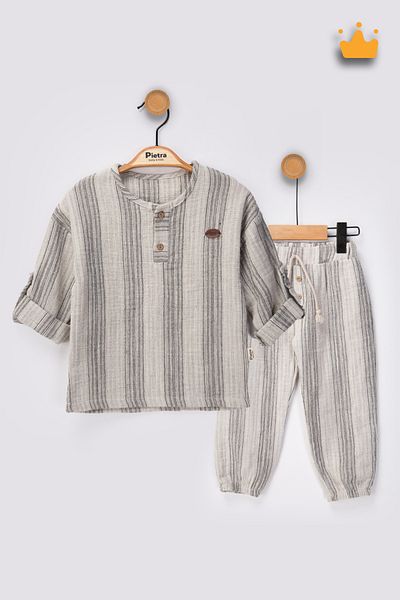 Babyhola 0-2 Years 100% Cotton Double Layer Muslin Fabric Striped Baby Boy Kids Suit Gray 2205