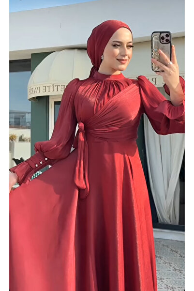 welting Şifon Baglamalı Kadın Tesettür Abiye Elbise Kırmızı