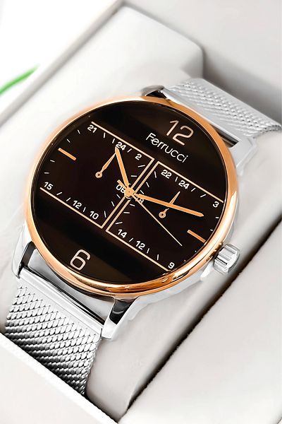 Ferrucci Function Men's Wristwatch Steel Case & Steel Cord Silver-Rose Zmfer191