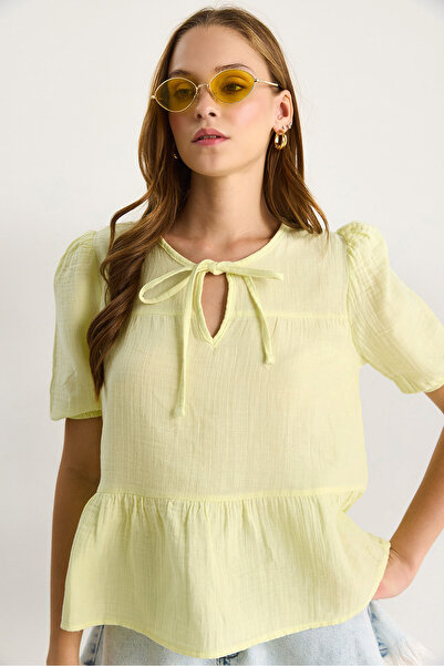 Bianco Lucci Kadın Yakası Bağlamalı Kolları Lastikli Müslin Bluz 4715 60283498