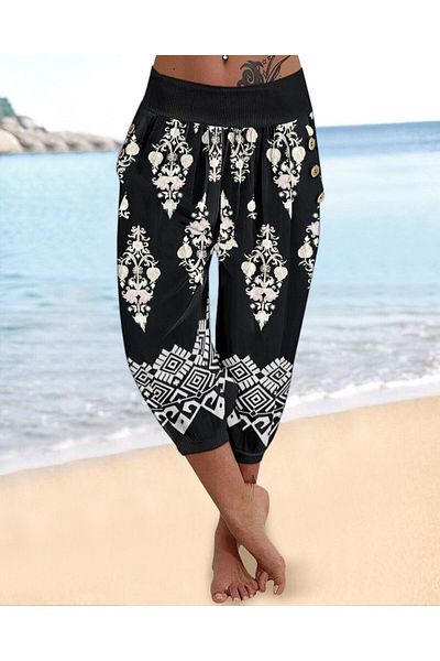 Modayakamoz New Season Women's Elastic Waist Ethnic Patterned Capri Single Jersey Trousers