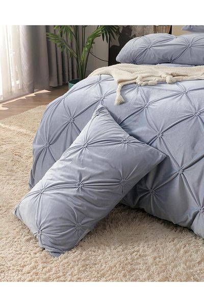 trendyhome Lenjerie de pat dublă, elastică, catifea moale, imprimeu brodat, albastru pal, J18001