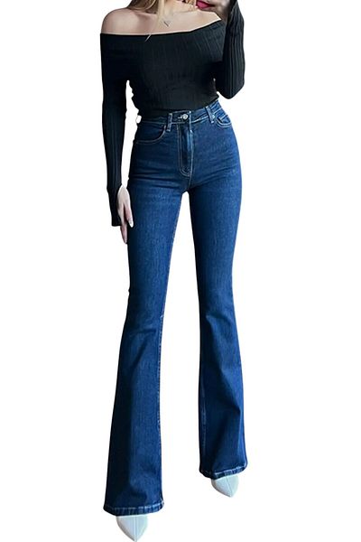 byhaziran butik Blory Dark Blue Spanish Leg High Waist Lycra Women's Jeans