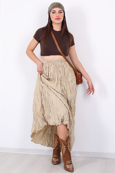 JESSE STORY Women's Beige Crinkle Skirt Wrinkled Fabric Maxi Skirt