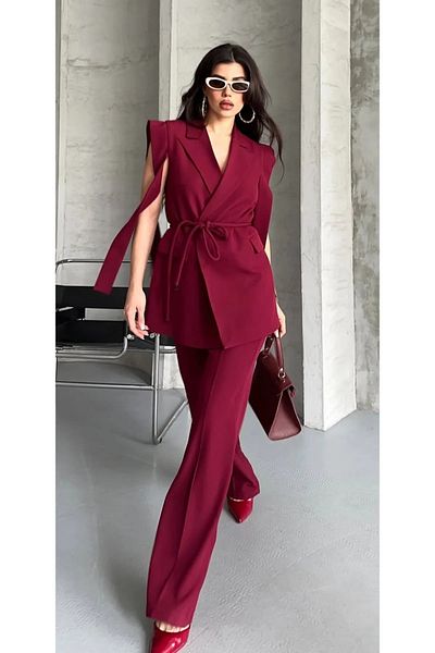 solena sln Women's Shoulder Belted Tie Vest Pants Suit