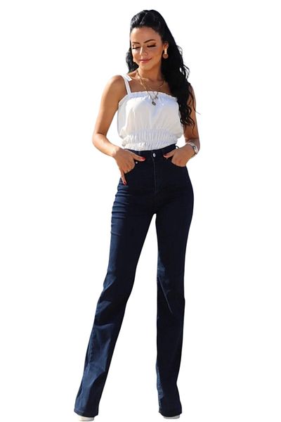 byhaziran butik Liyla Dark Blue Colorfast Lycra High Waist Spanish Leg Jeans