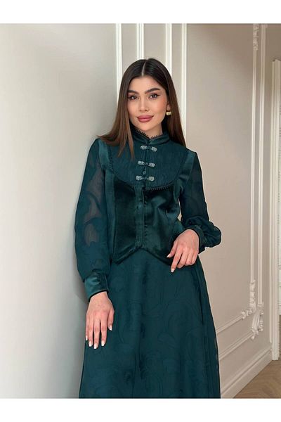 My twins Ewas Design Midi Length Skirt Blouse Velvet Detailed Women's Double Suit