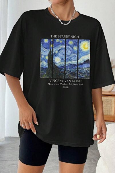 NO 601 Tricou negru oversize cu imprimeu Van Gogh pentru femei