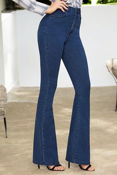 byhaziran butik Claris Women's Dark Blue Lycra High Waist Spanish Leg Jeans
