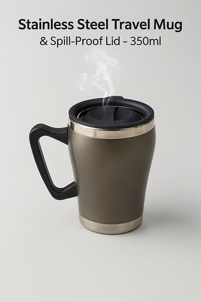 TSUMAB Stainless Steel Travel Mug with Handle & Spill-Proof Lid – 350ml