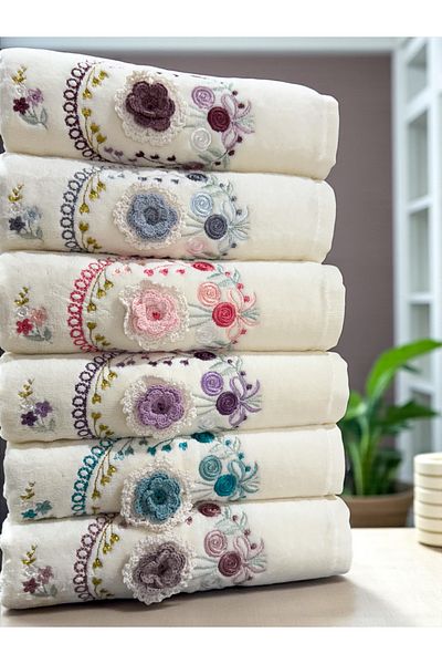 AYHANHOME طقم مناشف وجه مطرزة يدويًا ثلاثية الأبعاد مكونة من 6 قطع مقاس 50 × 90