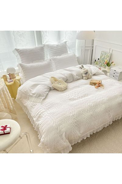 trendyhome Lenjerie de pat, bumbac creponat, volane, finețe moale, 6 bucăți, simplă, albă, J10399