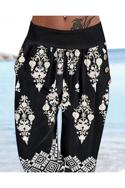 Modayakamoz New Season Women's Elastic Waist Ethnic Patterned Capri Single Jersey Trousers