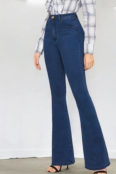 byhaziran butik Motto Women's High Waist Dark Blue Flare Jeans