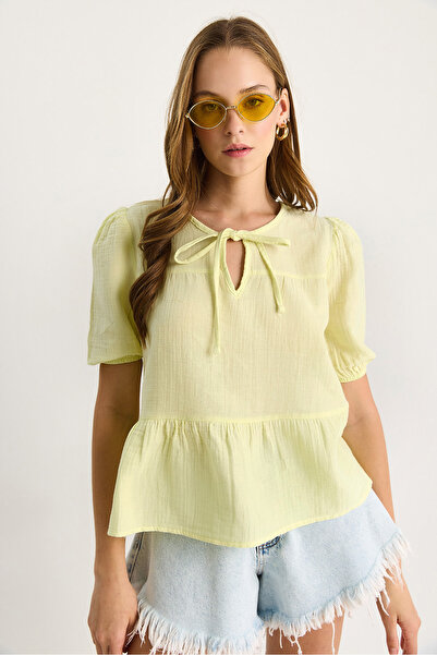 Bianco Lucci Kadın Yakası Bağlamalı Kolları Lastikli Müslin Bluz 4715 60283498