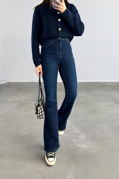 byhaziran butik Livi Women's High Waist Dark Blue Denim Flare Jeans