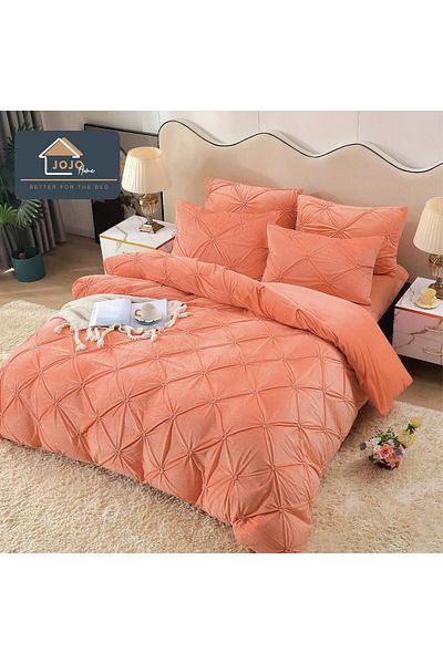 trendyhome Double Bed Linen, Elastic, Soft Velvet, Embroidered Print, Coral, J18018