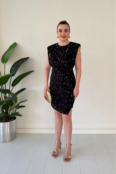 MaziButik Pile Detail Sparkly Crepe Dress Black