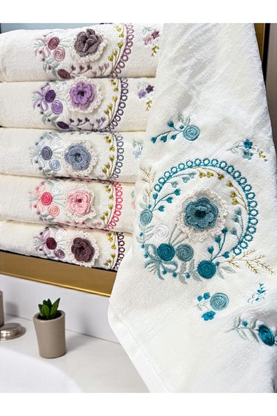 AYHANHOME طقم مناشف وجه مطرزة يدويًا ثلاثية الأبعاد مكونة من 6 قطع مقاس 50 × 90