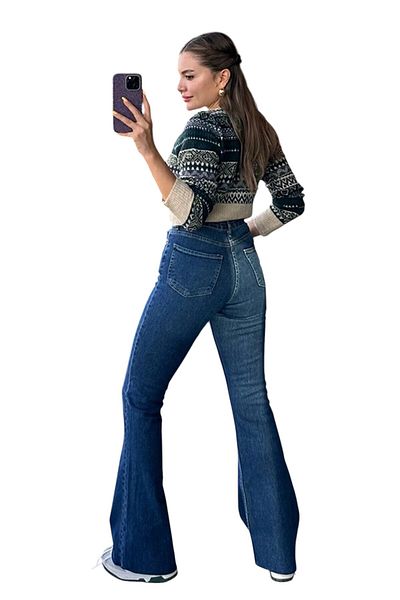byhaziran butik Starp Women's Dark Blue Lycra High Waist Spanish Leg Jeans