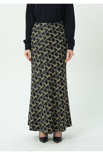 Guzella Premium Maxi (100cm) Length Satin Jacquard Geometric Patterned Elasticated Skirt
