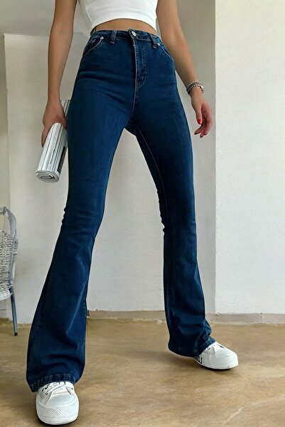 byhaziran butik Zenk Dark Blue Fadeless Lycra Ψηλόμεσο Ισπανικό Τζιν παντελόνι