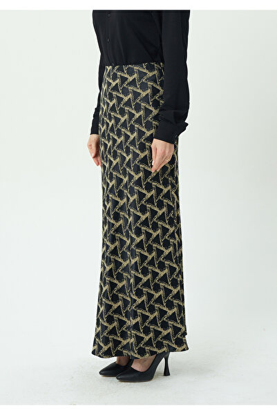 Guzella Premium Maxi (100cm) Length Satin Jacquard Geometric Patterned Elasticated Skirt